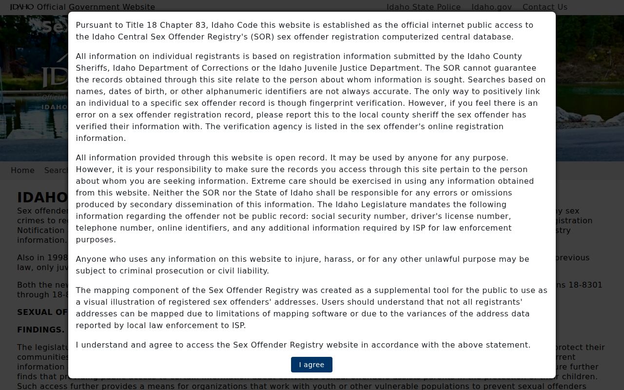 Idaho Central Sex Offender Registry search gateway and public-use warnings